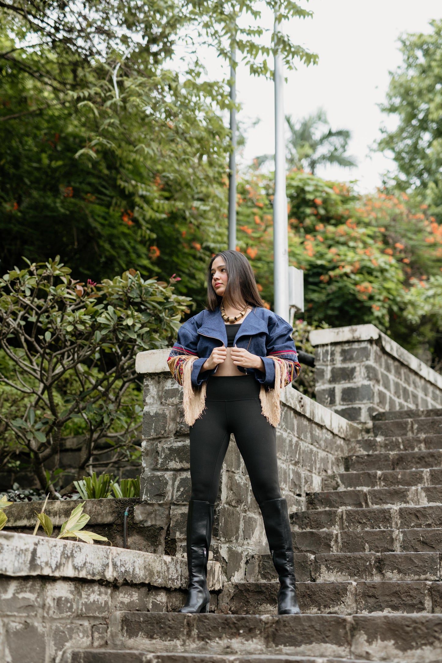 Blue Denim Cropped Fringe Jacket